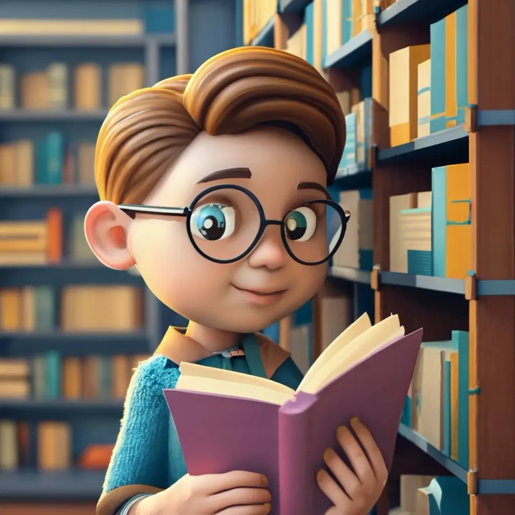 A cartoon character in a library with a book in its hand.